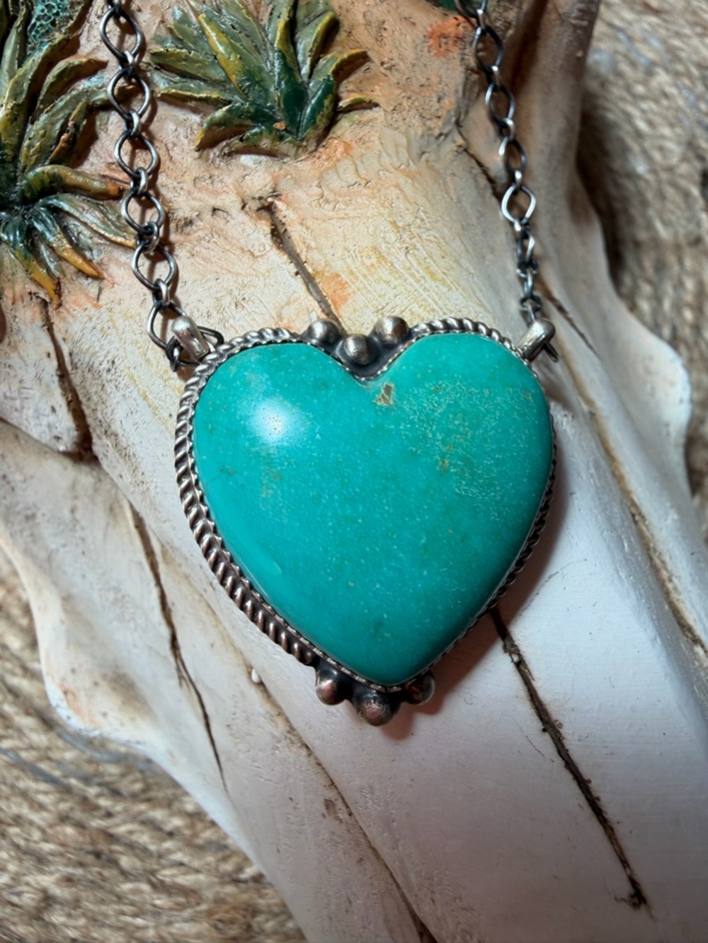 Heart-Shaped Turquoise Navajo D Nez Pendant Necklace -Sterling Silver Chain